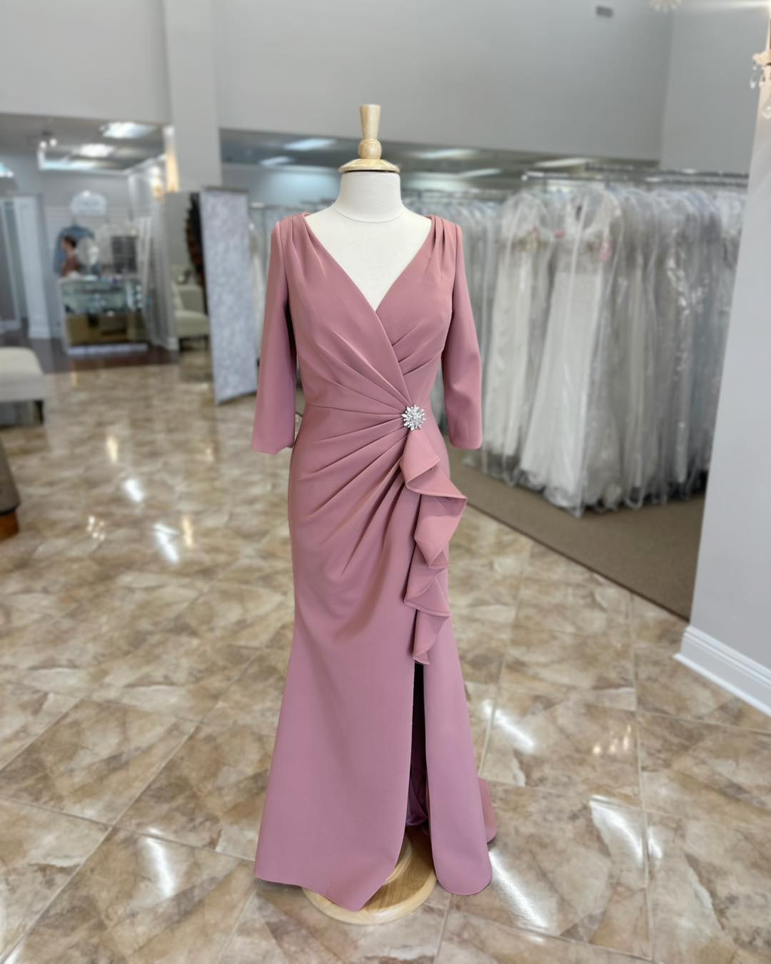 Dark Mauve Half Sleeve Ruched Ruffle Mother of the Bride Dress with Slit