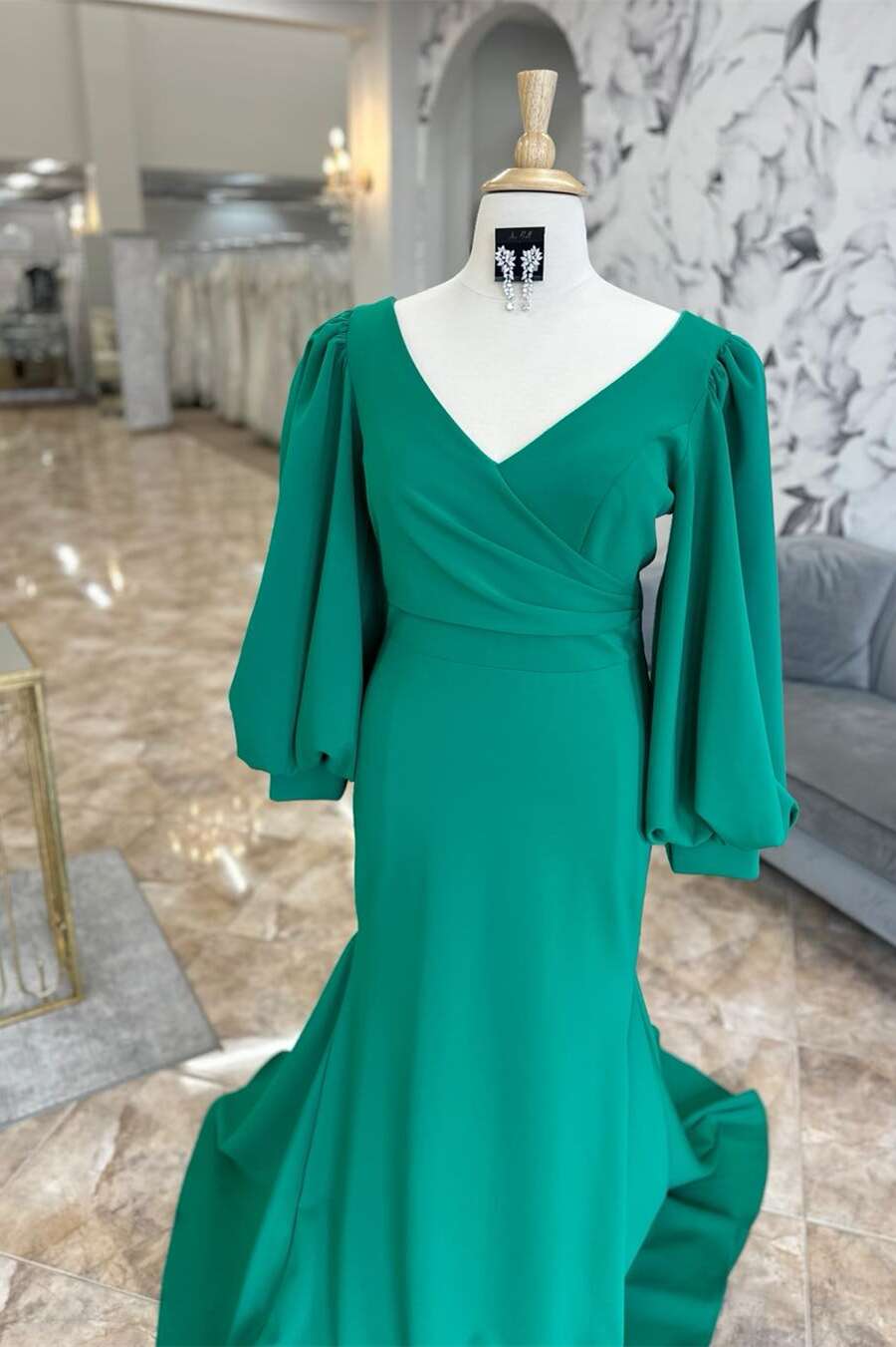 Green Fitted Half Sleeves Ruched Long Mother of the Bride Dress –  Dressesforparty