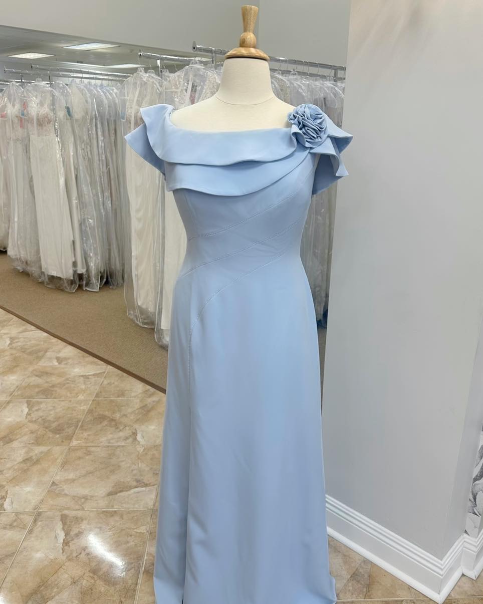 Light Blue Flower Bow Tiered Neck Long Mother of the Bride Dress