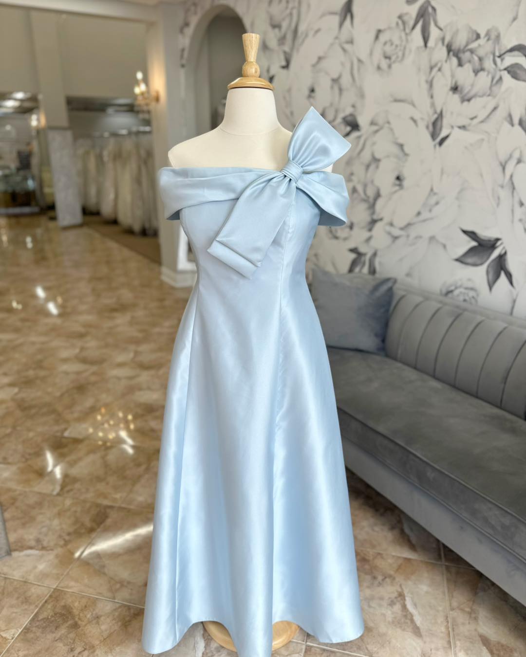 Strapless Light Blue Bow Neck Long Mother of the Bride Dress