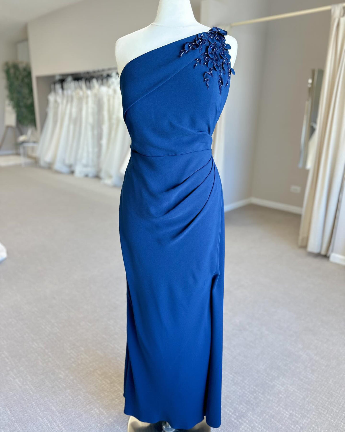 Cobalt Blue One Shoulder Beaded Applique Fitted Mother of the Bride Dress
