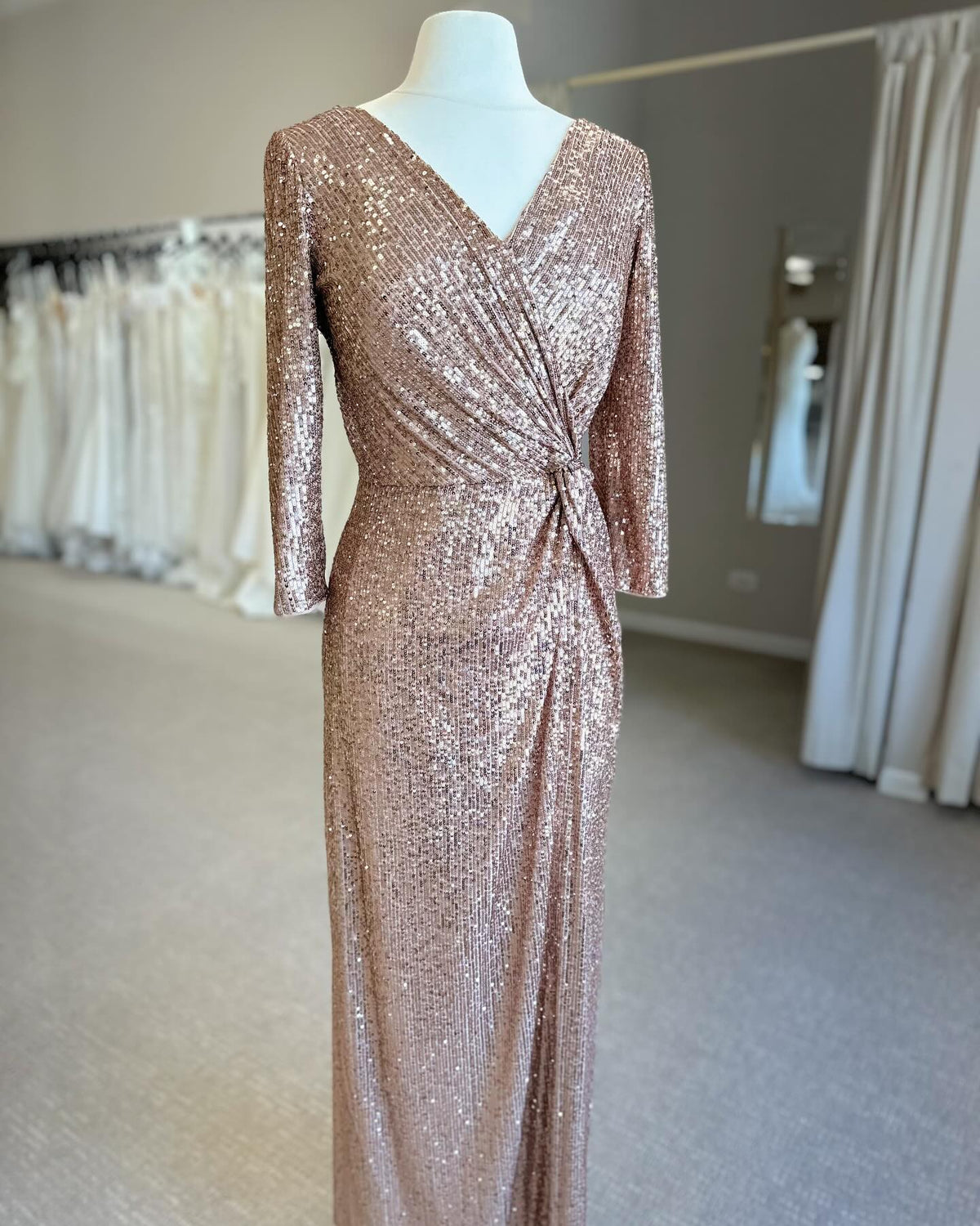 Sequin Champagne Fitted Bow Long Sleeves Mother of the Bride Dress