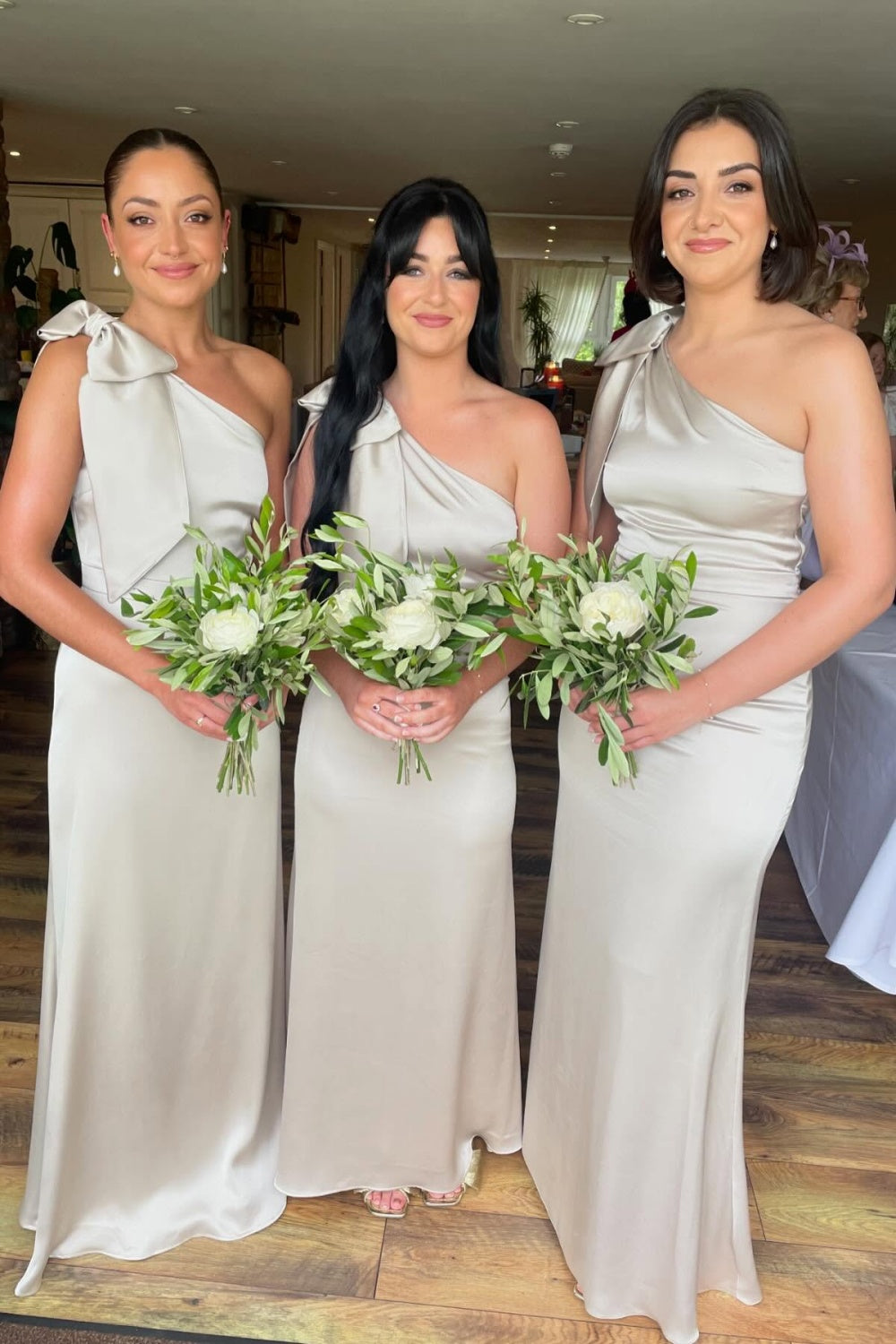 Bow One Shoulder Champagne Sheath Bridesmaid Dress