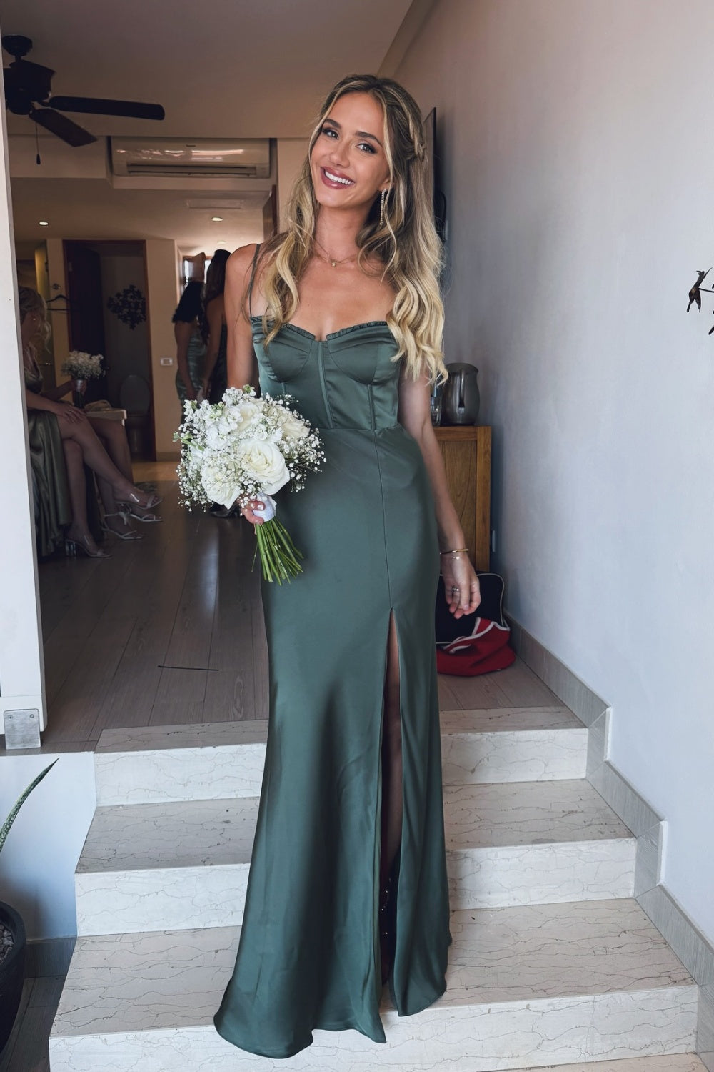 Green Spaghetti Strap Bridesmaid Dress with Slit