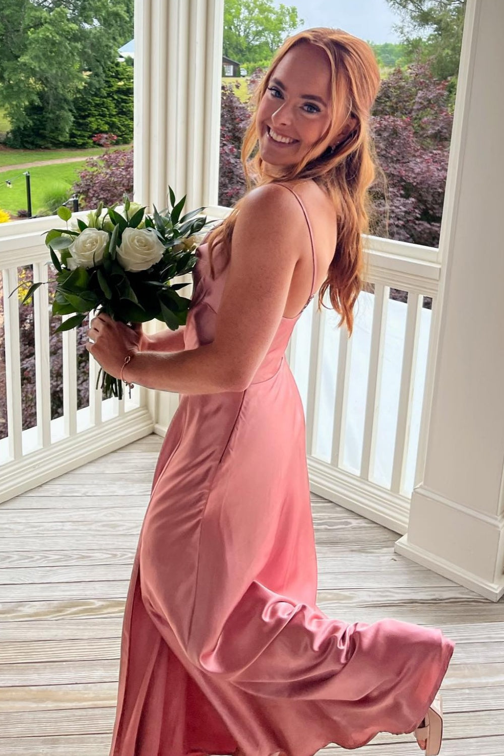 Blush Pink Spaghetti Strap Fitted Long Bridesmaid Dress