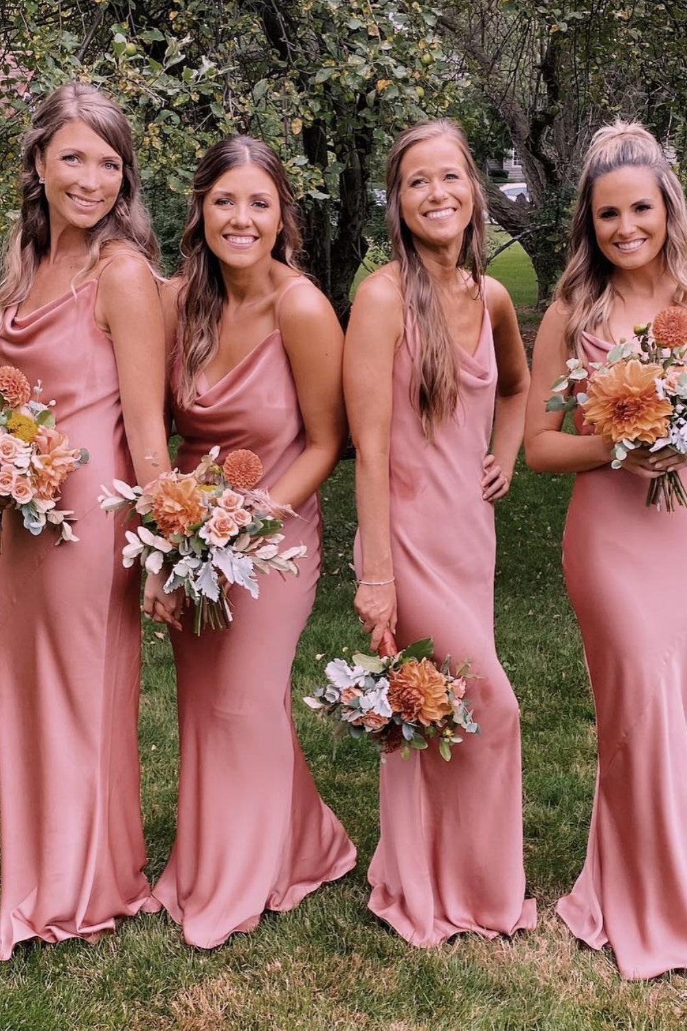 Blush Pink Cowl Neck Fitted Bridesmaid Dress