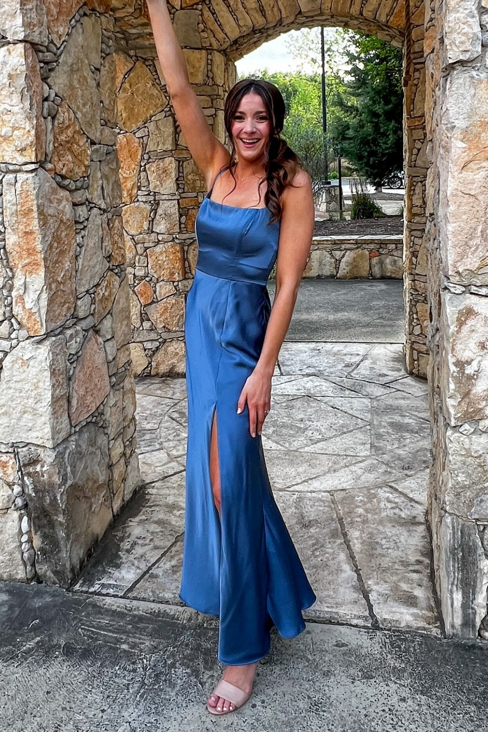 Spaghetti Strap Cobalt Blue Fitted Bridesmaid Dress with Slit
