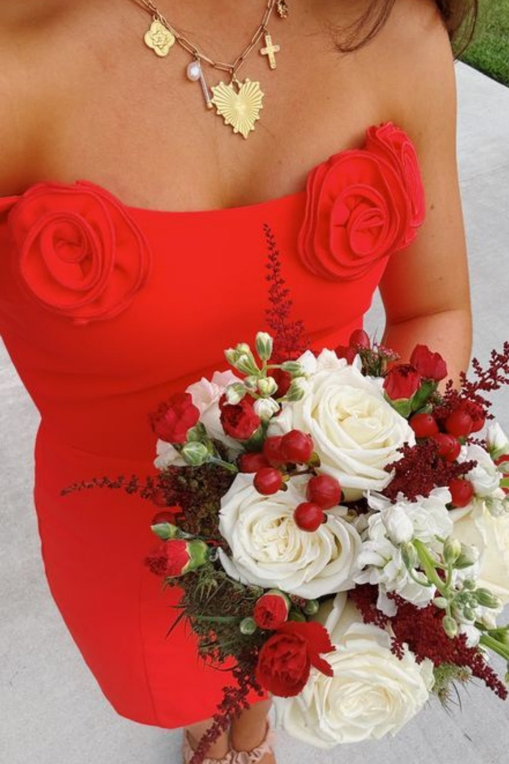 Red Strapless 3D Flower Tight Homecoming Dress