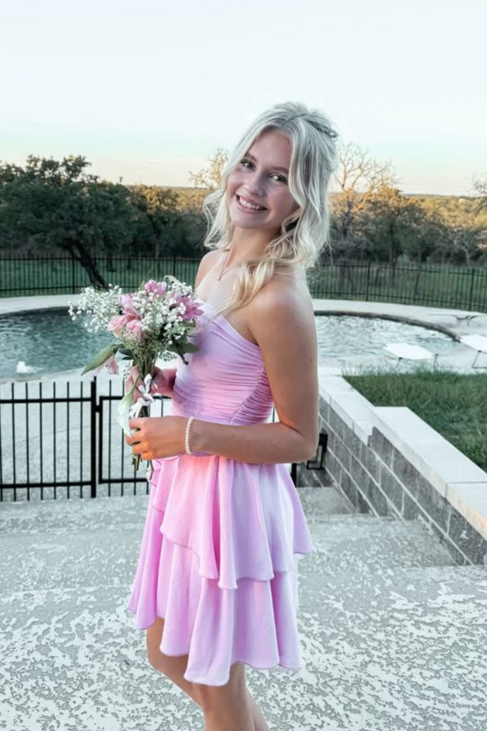 Pink Strapless Ruched Ruffle Homecoming Dress