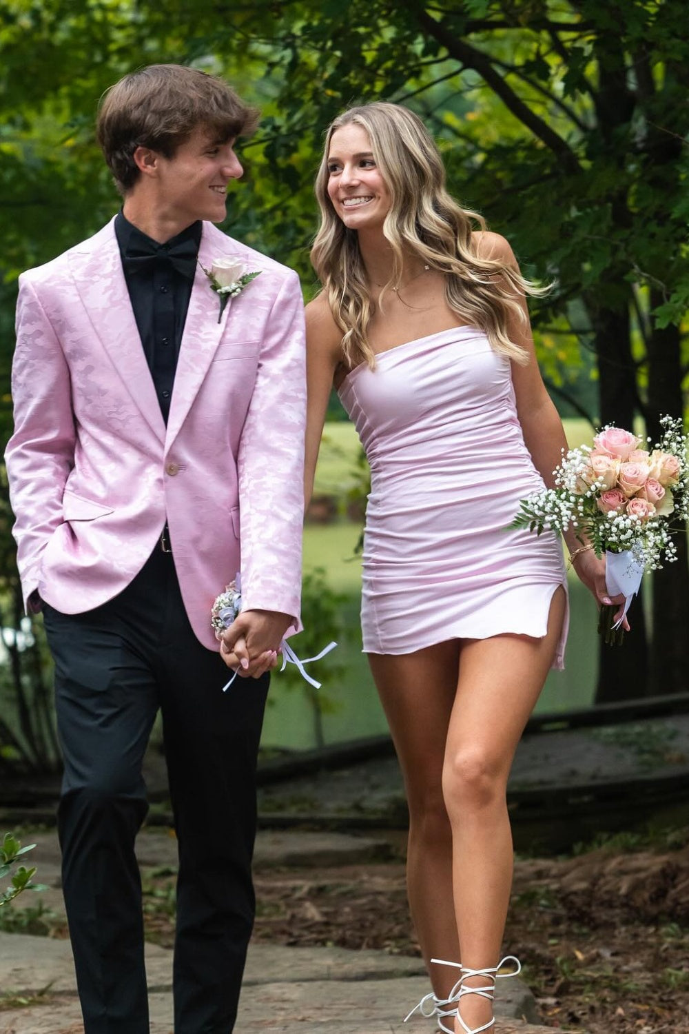 Pink Strapless Ruched Homecoming Dress with Slit