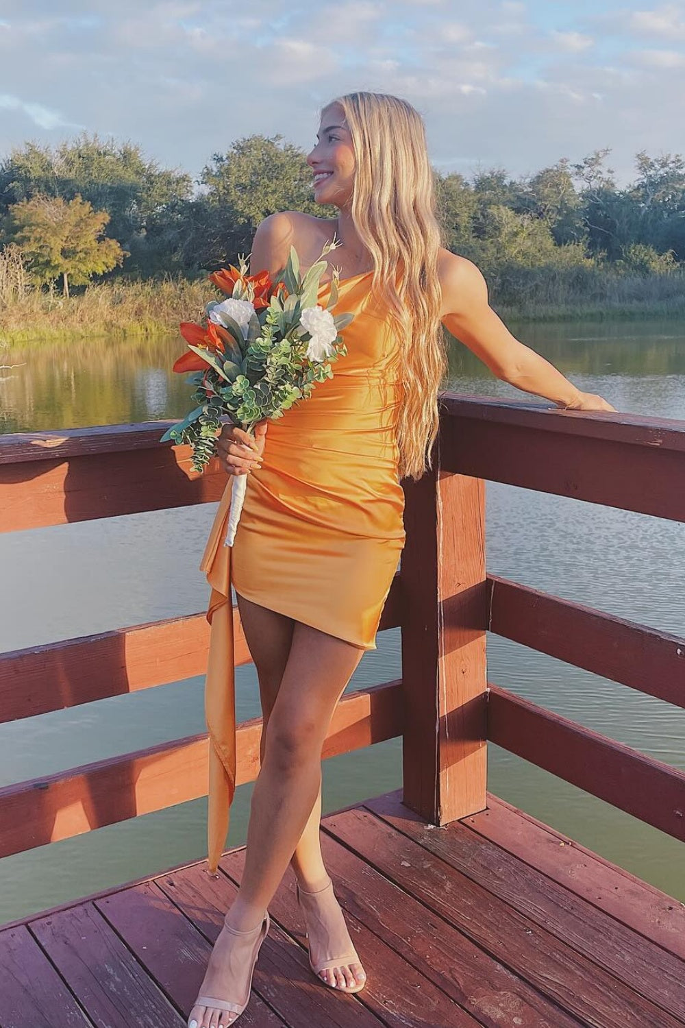 One Shoulder Apricot Ruched Homecoming Dress with Train
