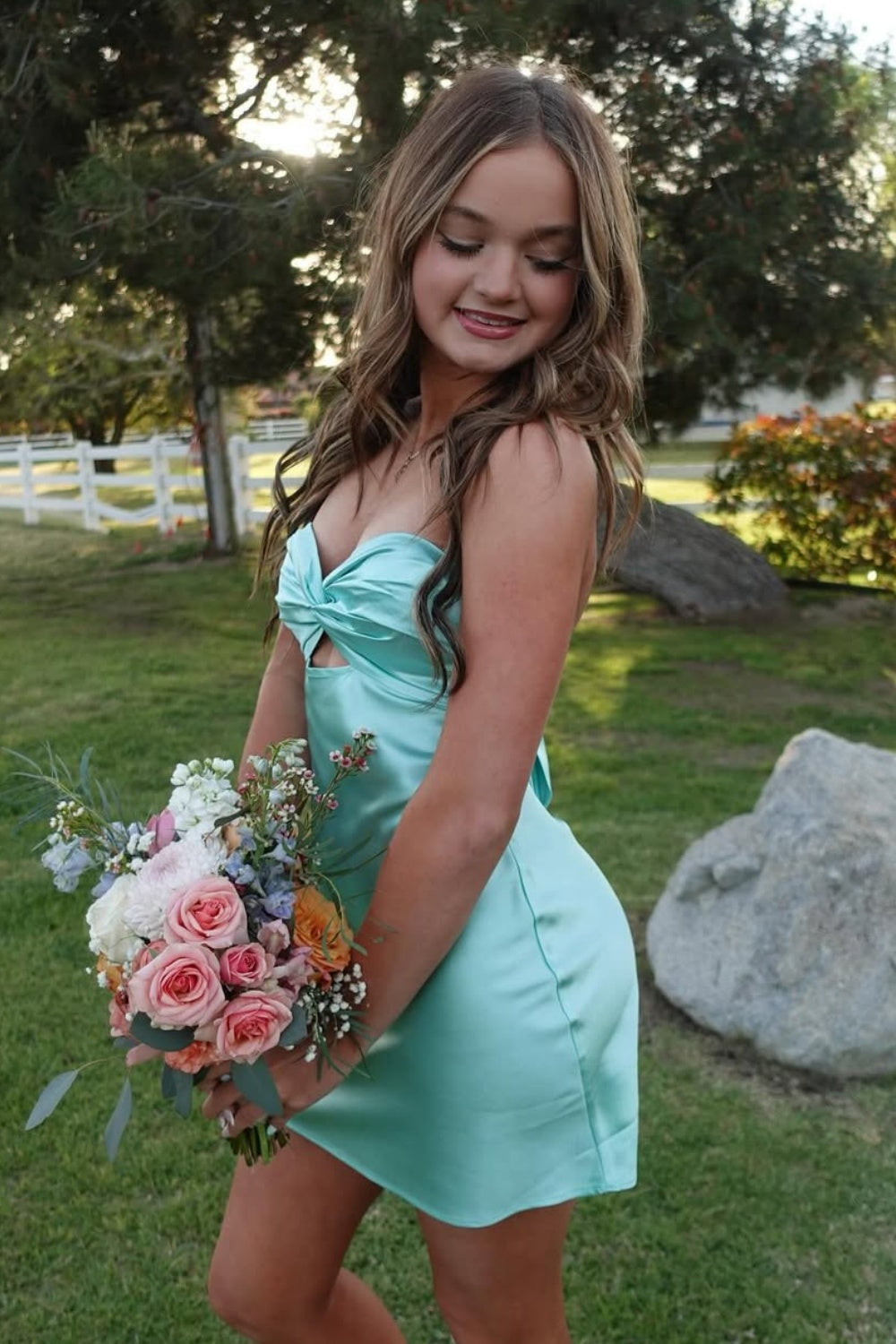 Sweetheart Aqua Open Back Chest Homecoming Dress