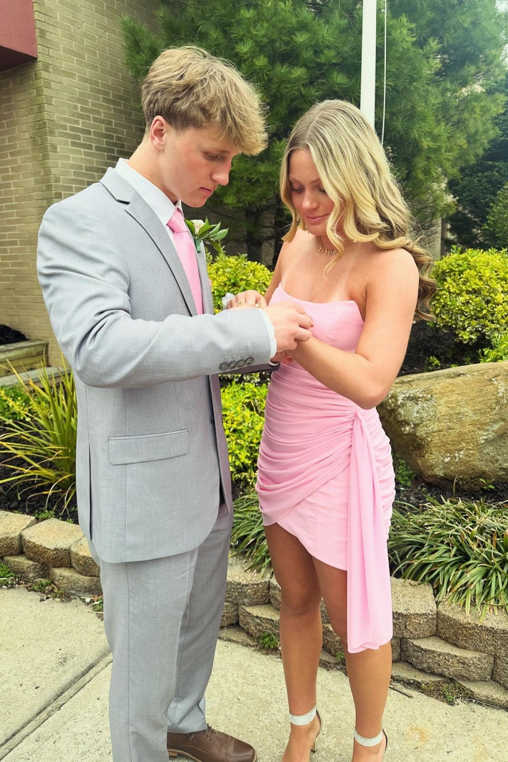 Pink Strapless Ruched Homecoming Dress wih Train