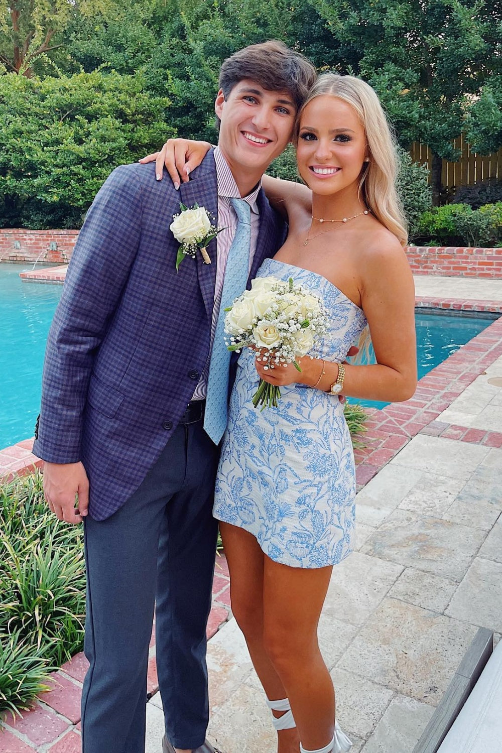 Strapless Blue Floral Fitted Homecoming Dress