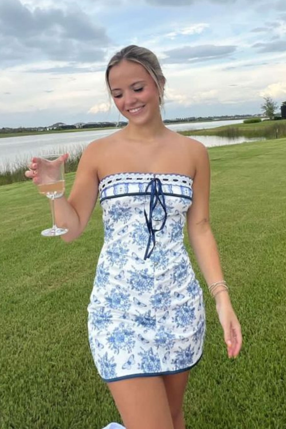 Strapless Floral Lace Neck Bow Front Homecoming Dress  Dressesforparty