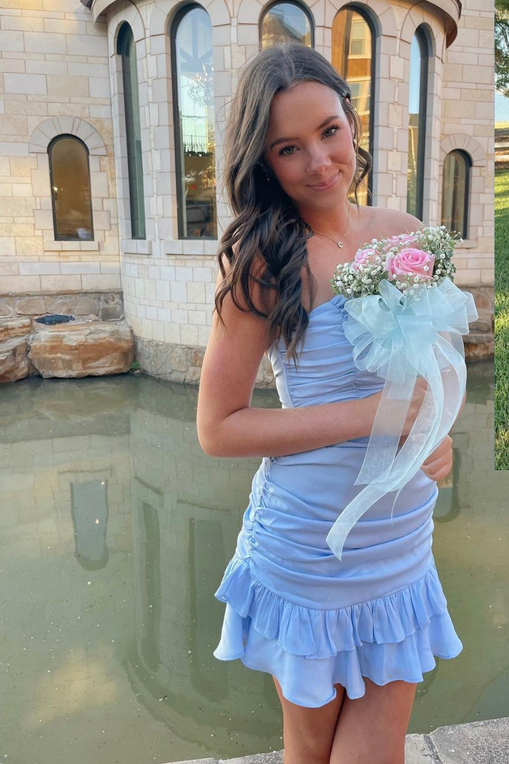 Strapless Blue Ruched Ruffle Homecoming Dress