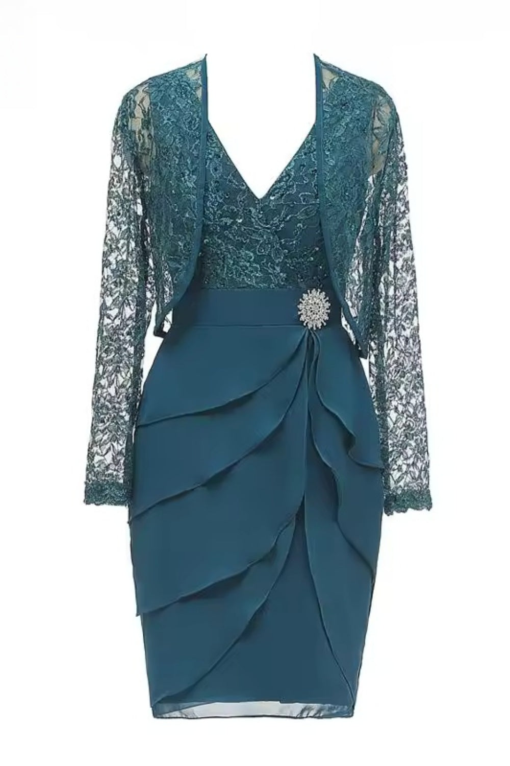 Teal Blue Long Sleeves Diamond Ruffle Mother of the Bride Dress