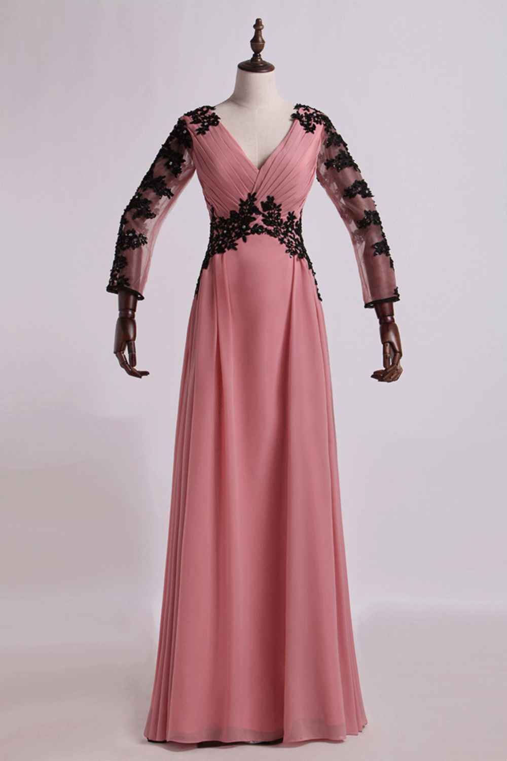 Dusty Pink Long Sleeve Lace Applique Mother of the Bride Dress