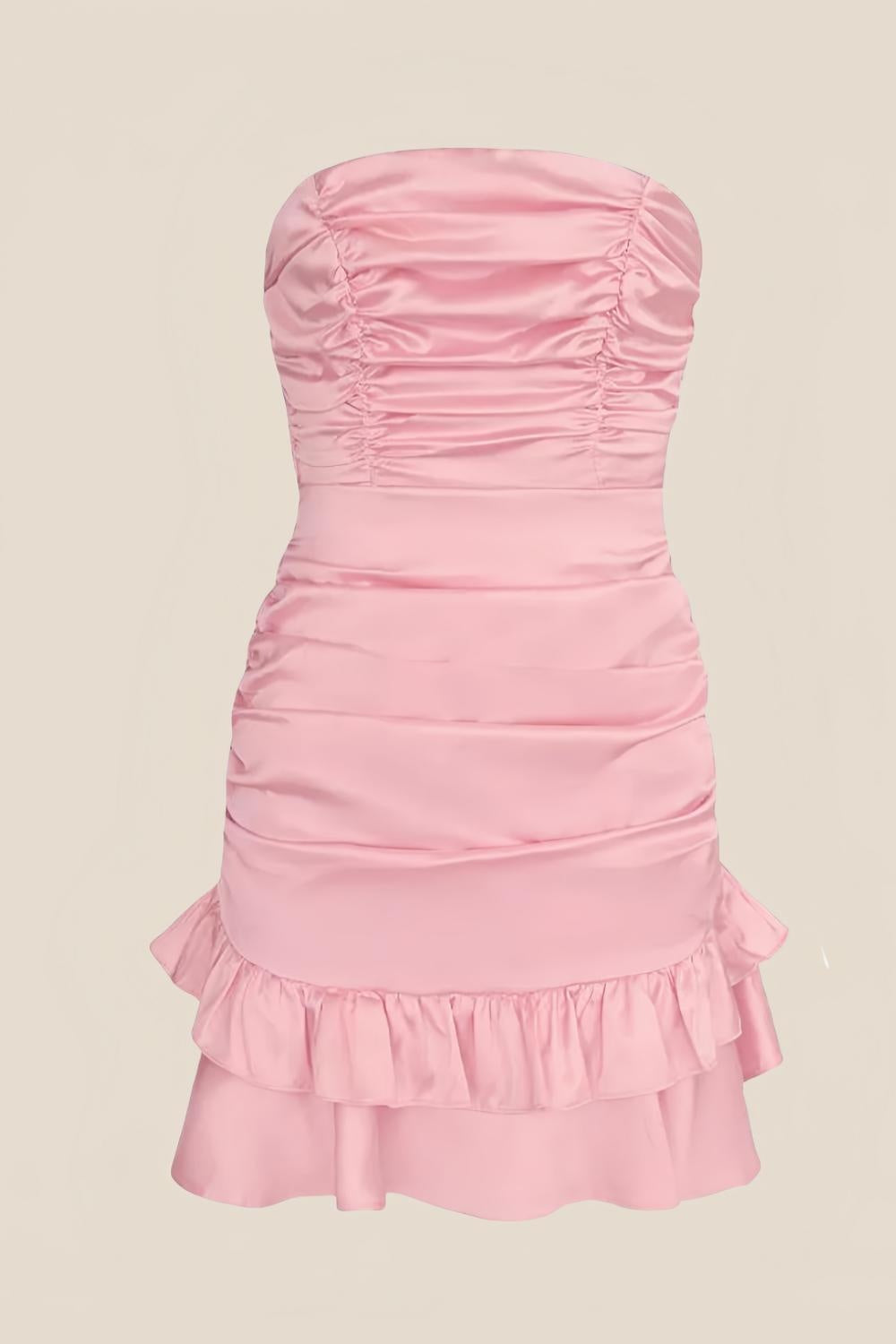 bow ruched strapless dress in pink Furlla Women Pink Satin Strapless Mini Homecoming Dress with Bow Back and Ruched Skirt, Pink / US4