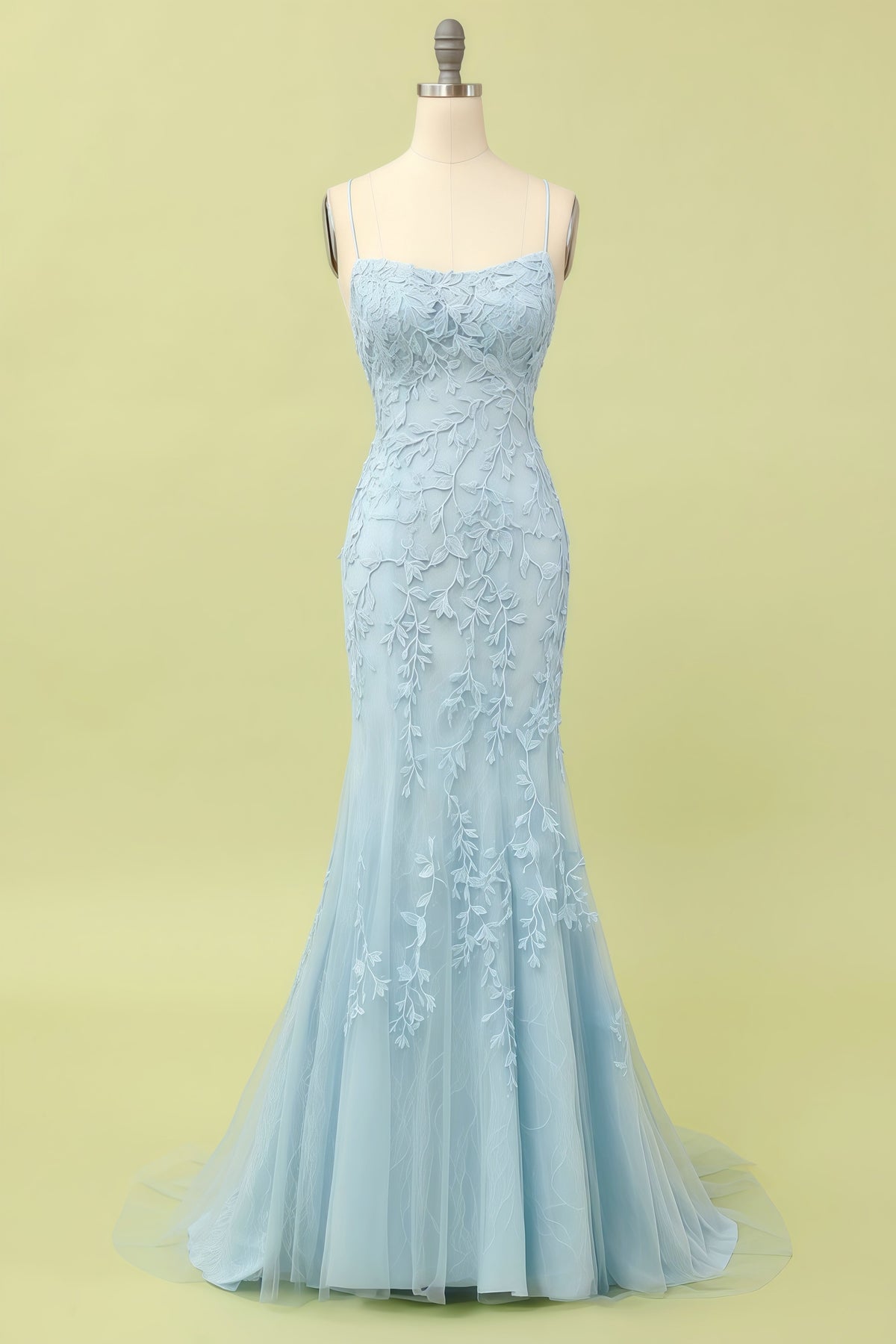 Straps Mermaid Blue Lace Appliqued Long Prom Dress