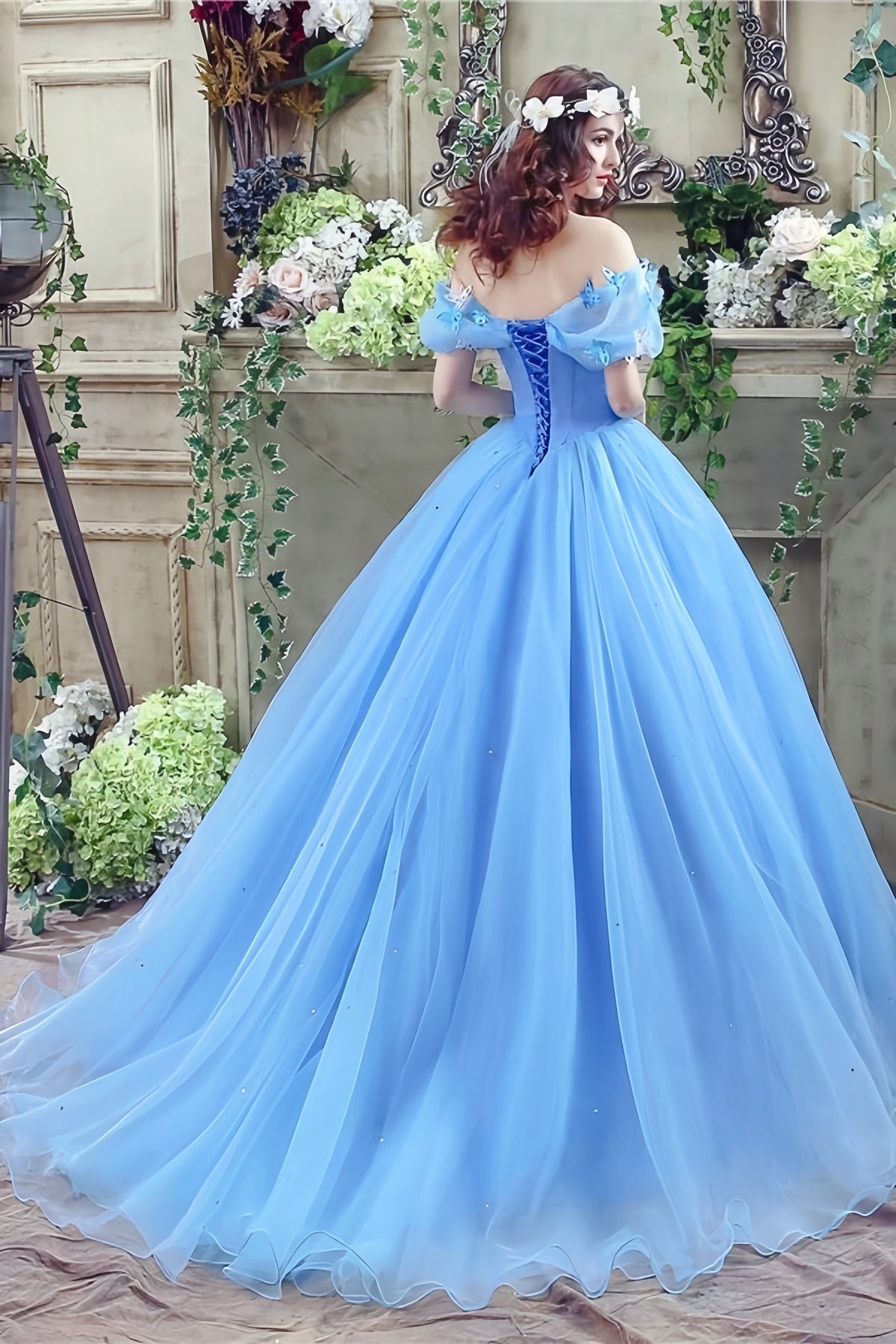 Off the Shoulder Blue Cinderella Ball Gown