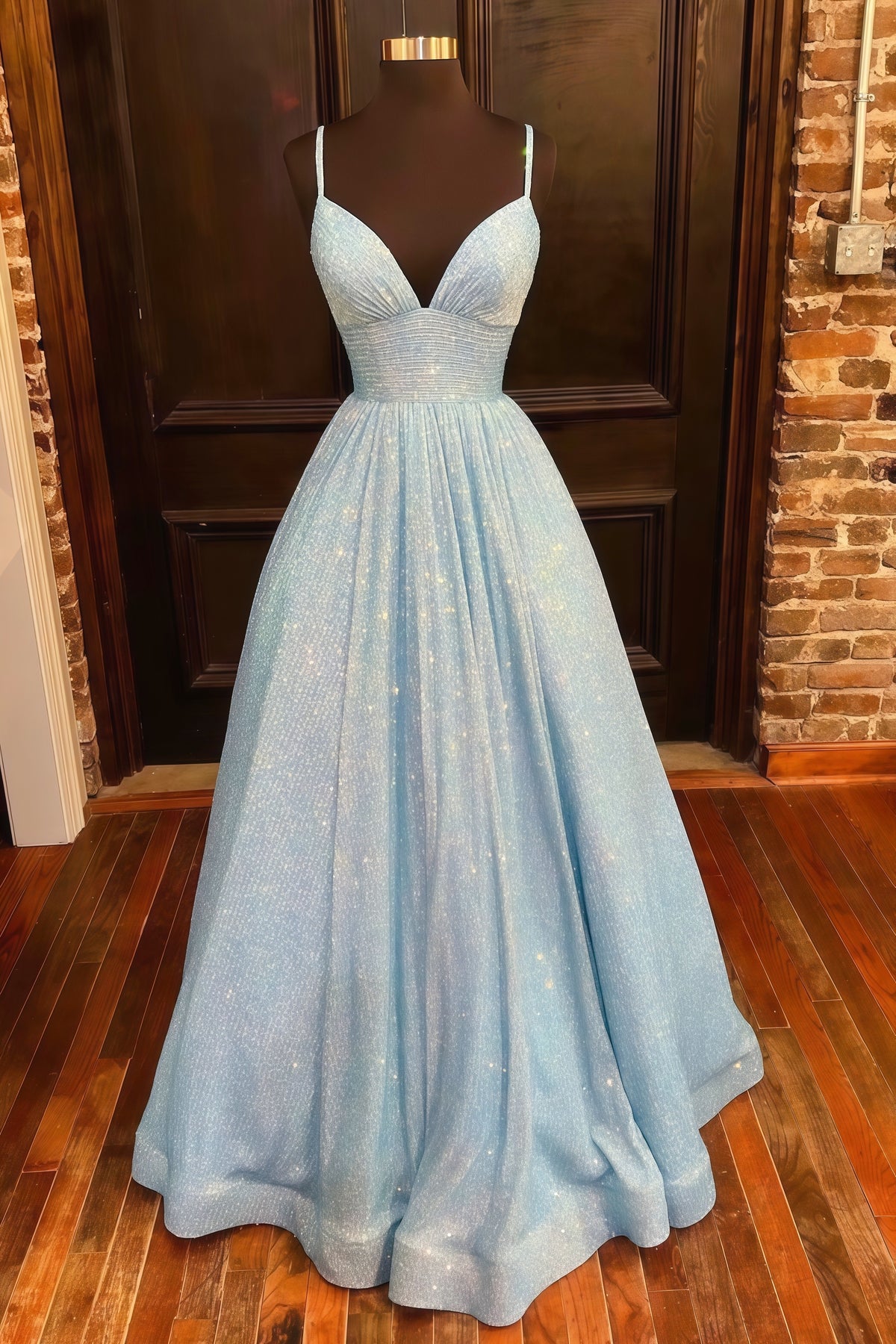 Blue Shiny A-line Empire Long Prom Gown