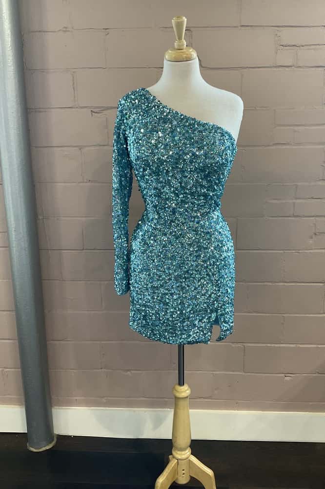 One Shoulder Long Sleeve Tiffany Blue Sequin Bodycon Mini Dress Dressesforparty One Shoulder Long Sleeve Tiffany Blue Sequin Bodycon Mini Dress Dressesforparty