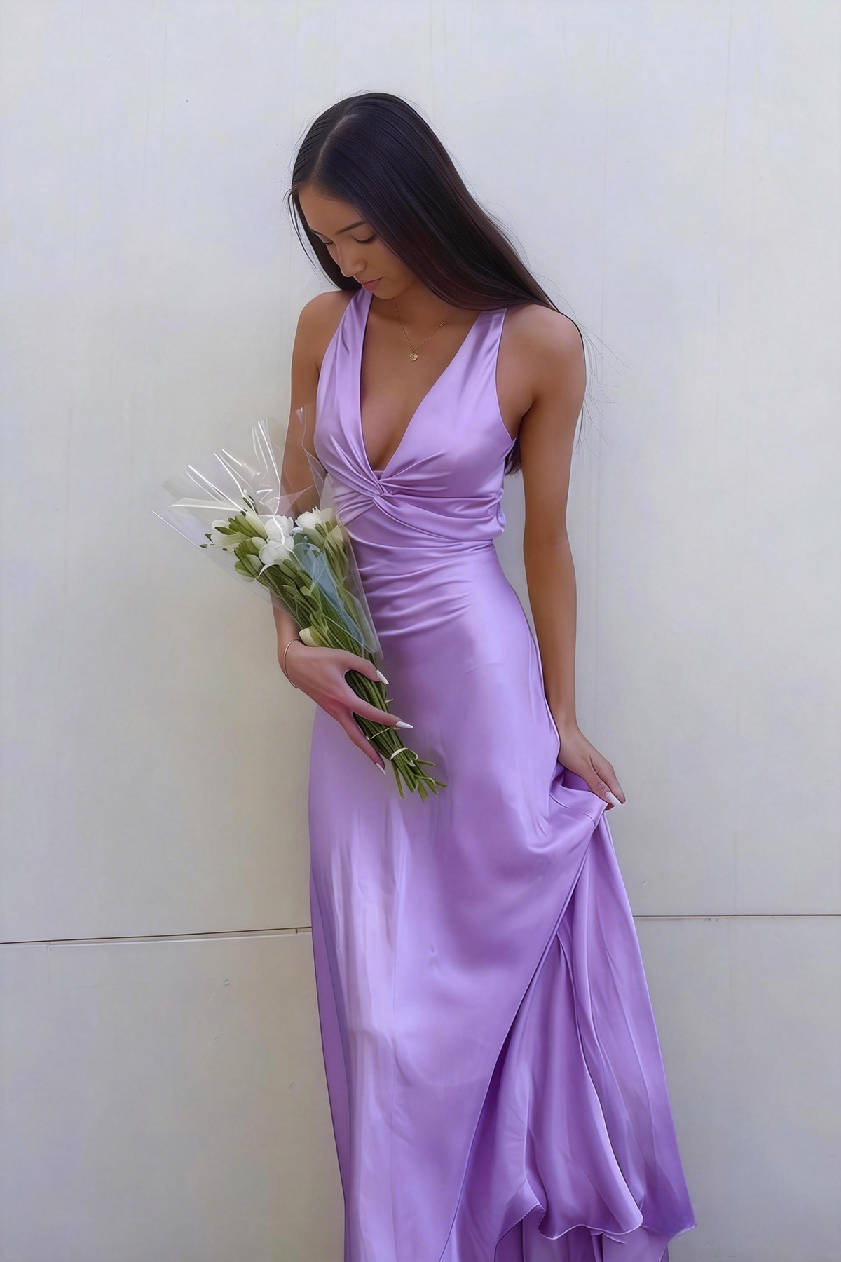 Lavender V-Neck Satin Front-knot Party Dress