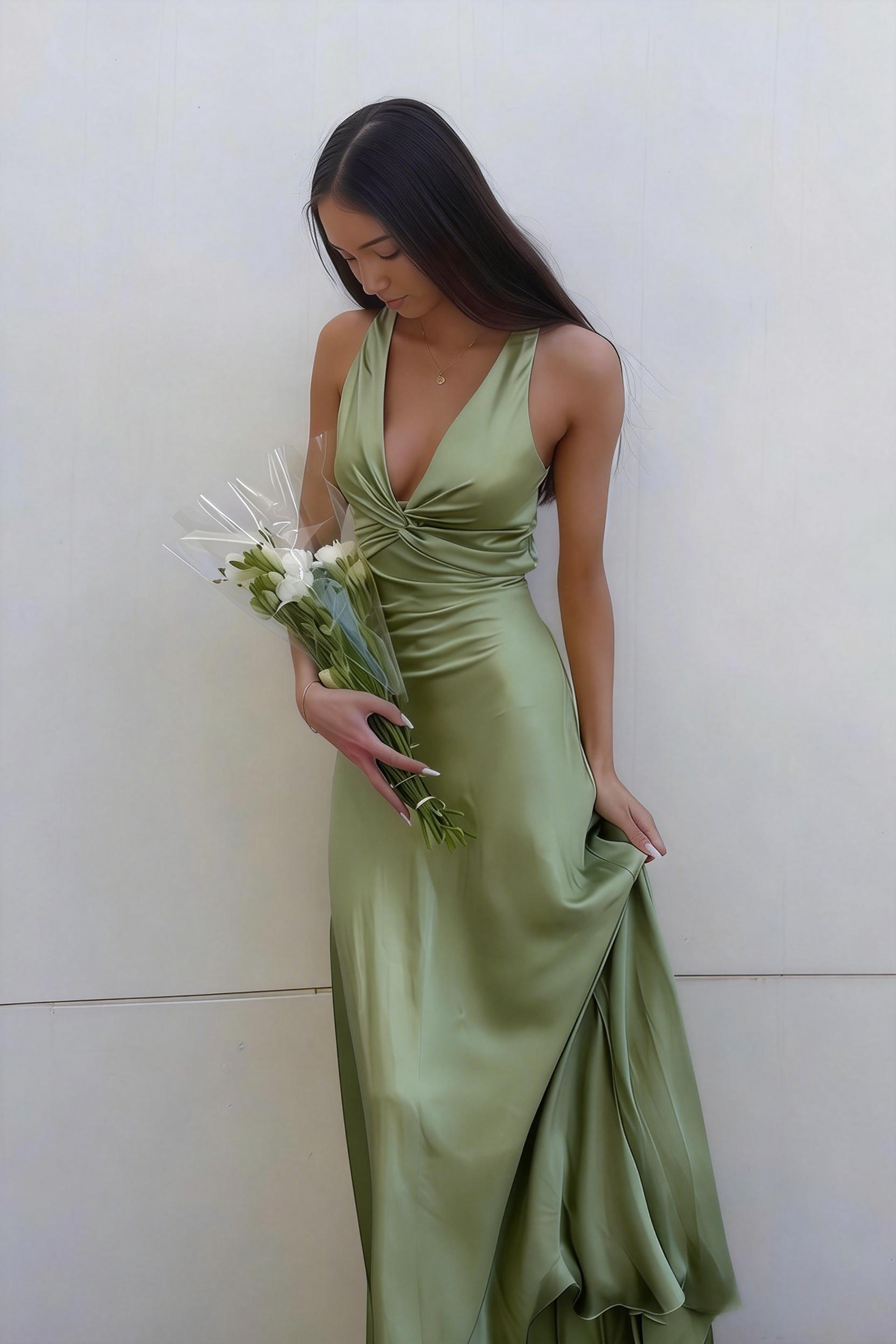 V-Neck Sage Satin Front-knot Party Dress