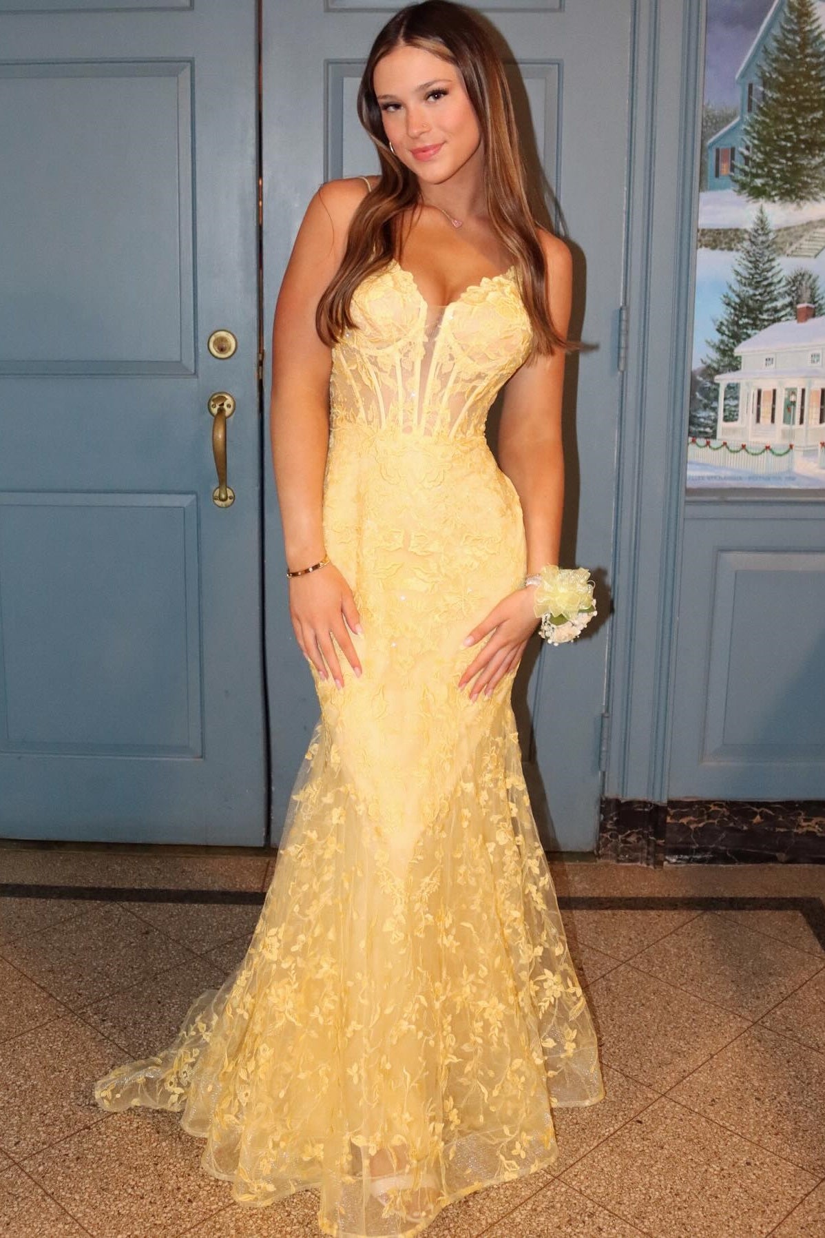 Straps Yellow Lace Mermaid Long Formal Dress