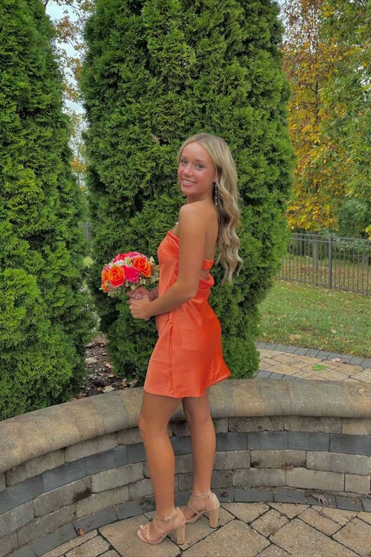 Strapless Orange Satin A-line Short Dress