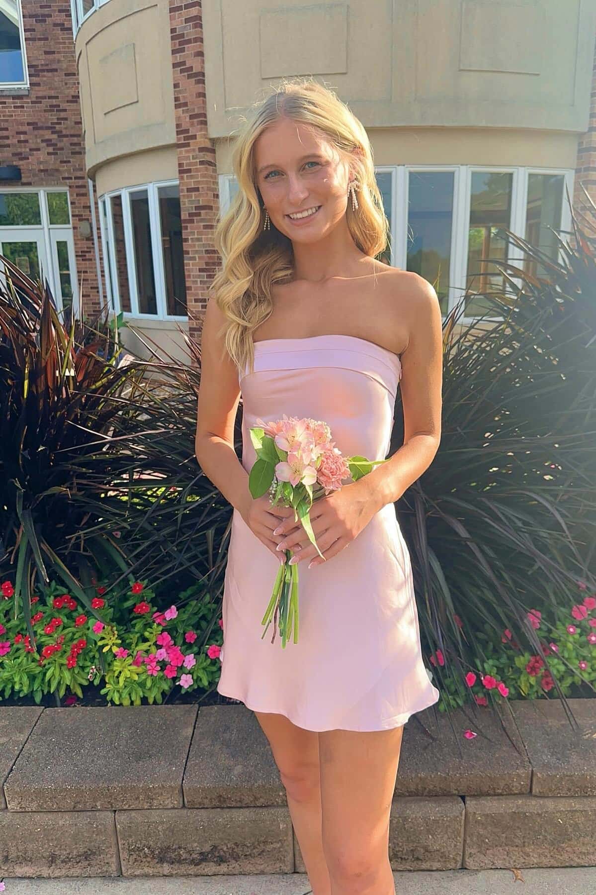 Strapless Pink Satin A-line Short Dress