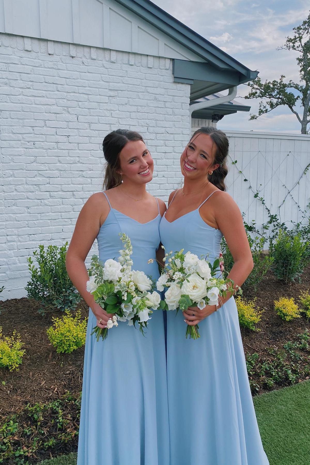Straps Blue Chiffon V Neck Long Bridesmaid Dress