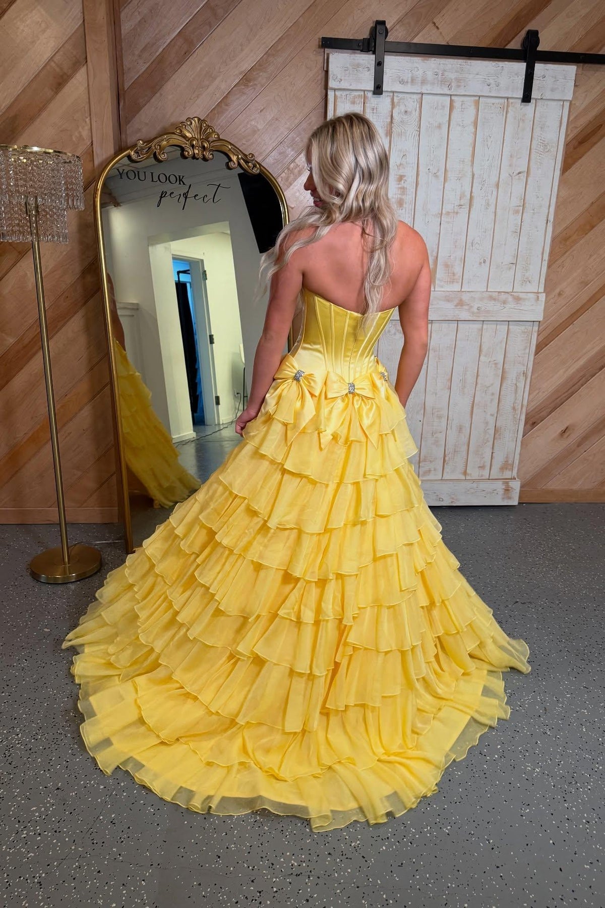 Strapless Yellow A-line Ruffle Formal Dress with Bows Dressesforparty Strapless Yellow A-line Ruffle Formal Dress with Bows Dressesforparty