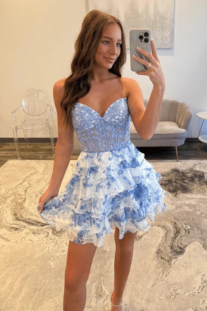 Blue Appliques Floral A-line Short Ruffle Dress Dressesforparty Blue Appliques Floral A-line Short Ruffle Dress Dressesforparty