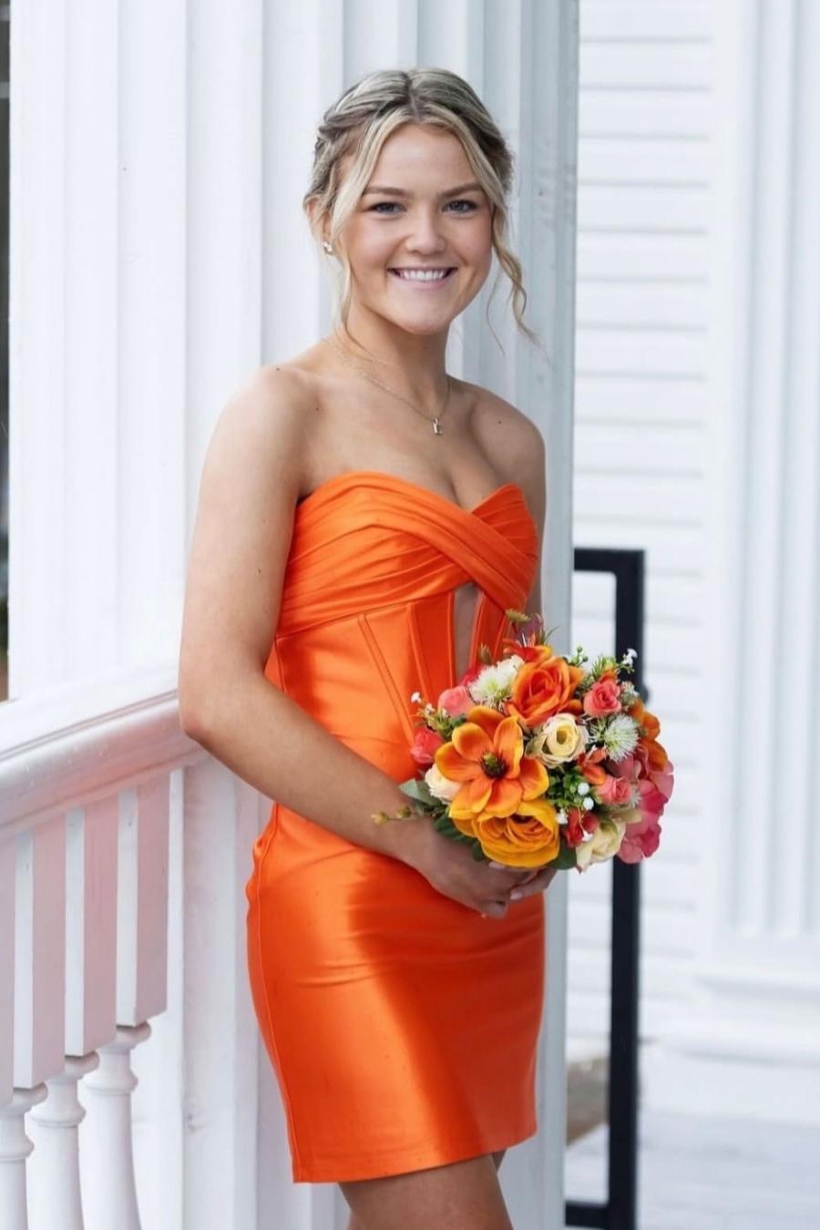 Strapless Orange Ruched Tight Short Party Dress