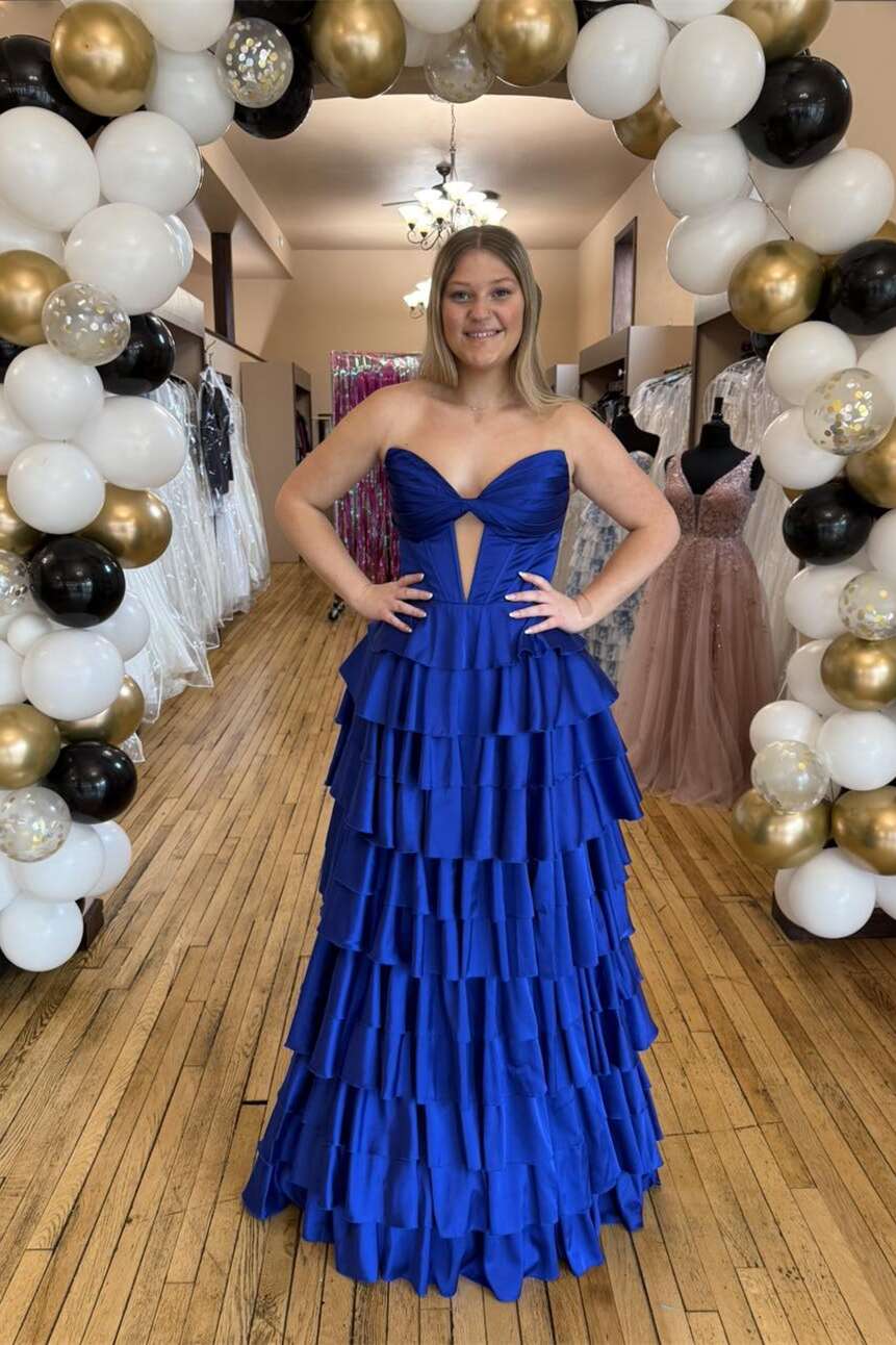 Twist Royal Blue A-line Ruffle Long Formal Dress