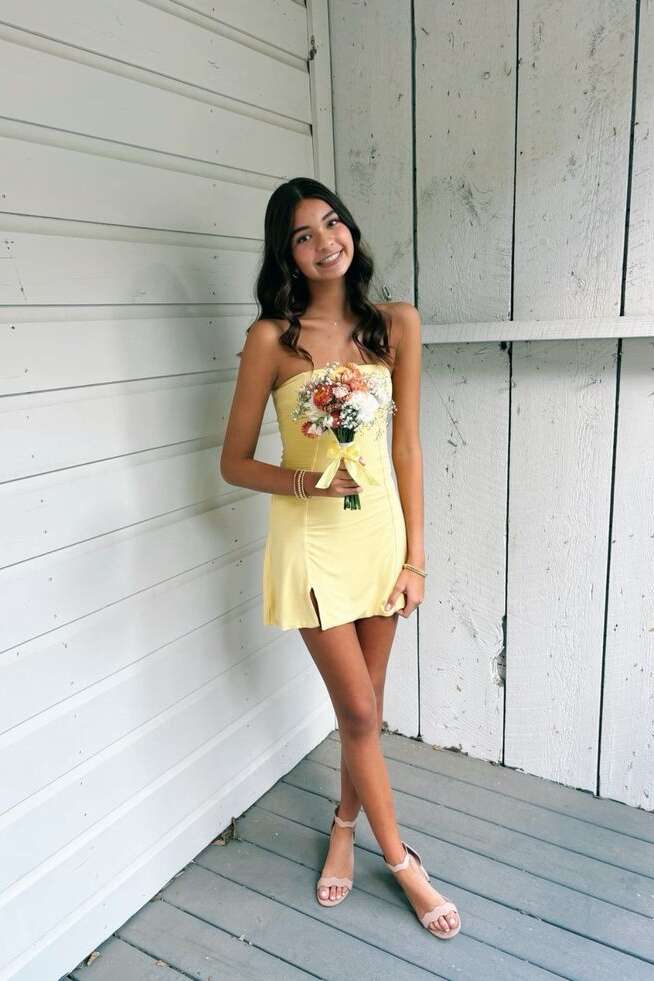 Simple Yellow Strapless Fitted Mini Dress Dressesforparty Simple Yellow Strapless Fitted Mini Dress Dressesforparty