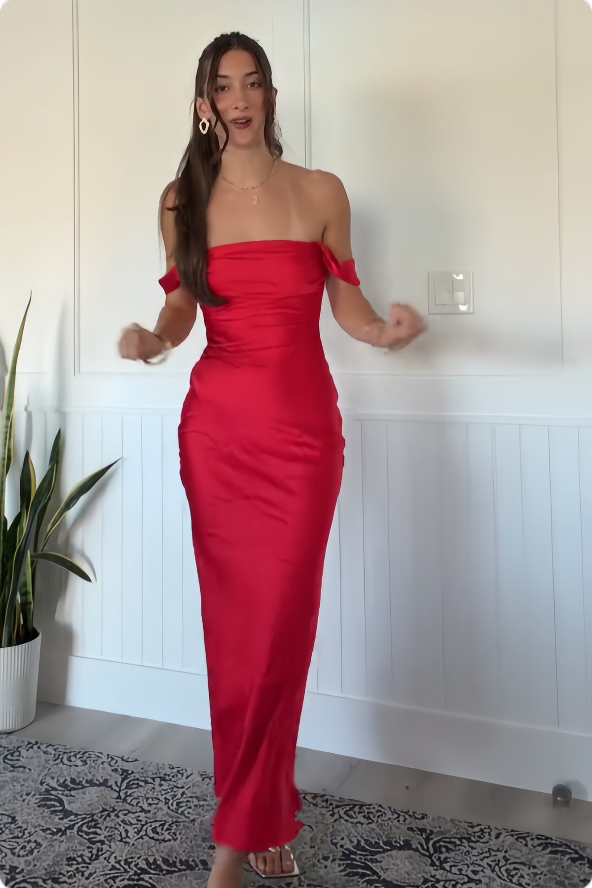 Coral Off-the-Shoulder Fitted Satin Dress Dressesforparty Coral Off-the-Shoulder Fitted Satin Dress Dressesforparty