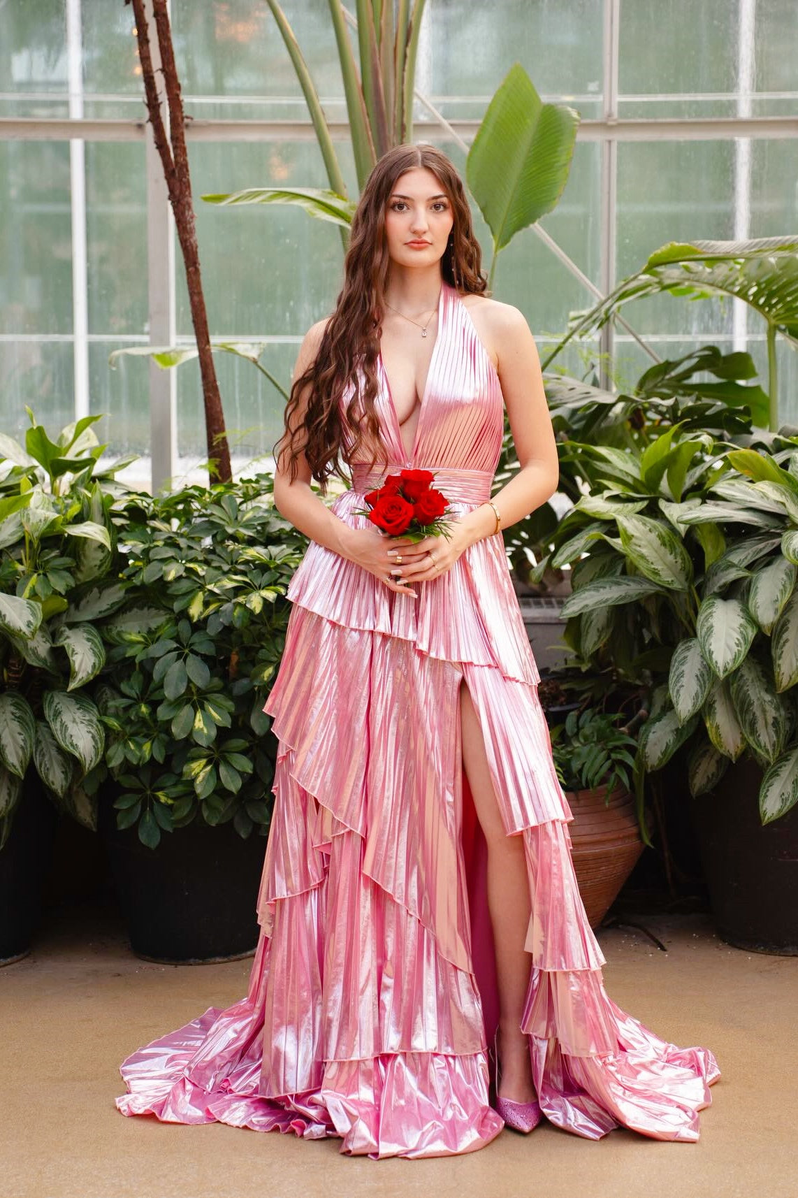 Halter Pink Metallic Pleated Ruffle Long Formal Dress Dressesforparty Halter Pink Metallic Pleated Ruffle Long Formal Dress Dressesforparty