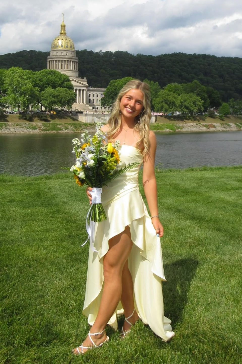 Yellow Satin Stapless A-Line Dress