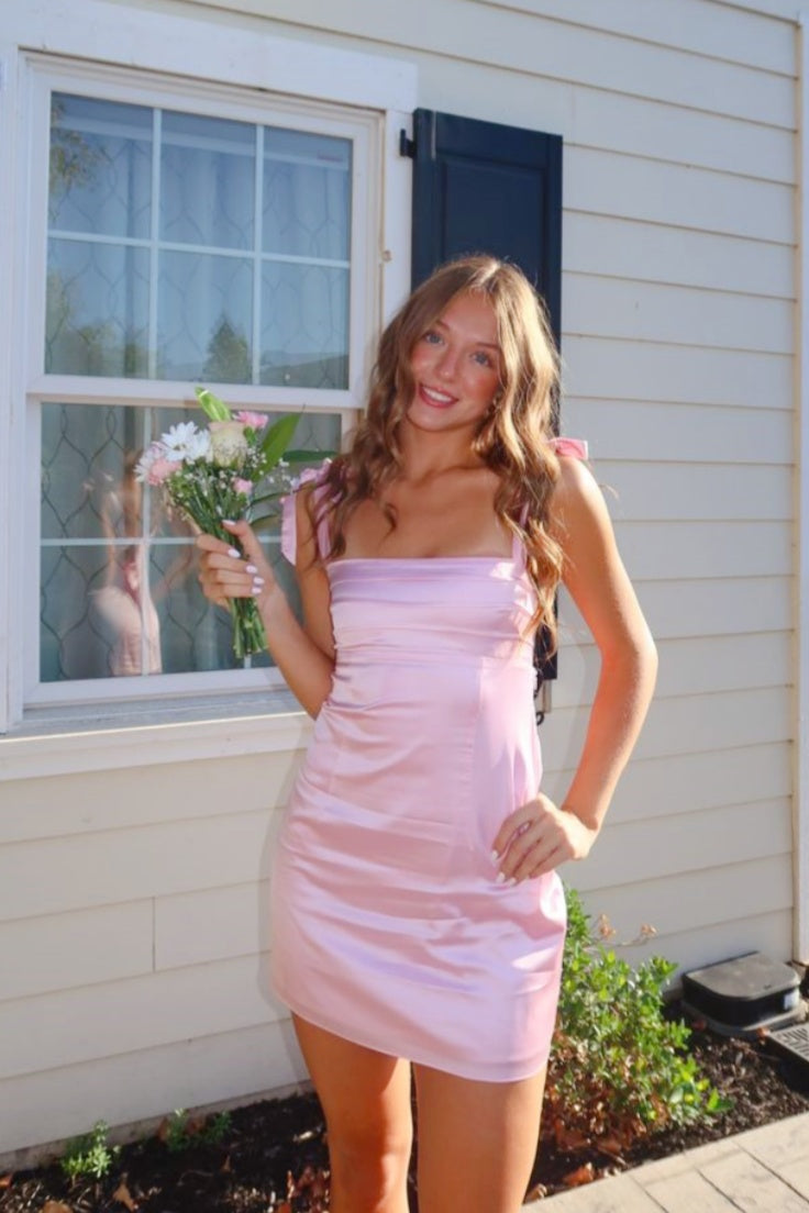 Pink Satin Shoulder-Tie Mini A-Line Party Dress