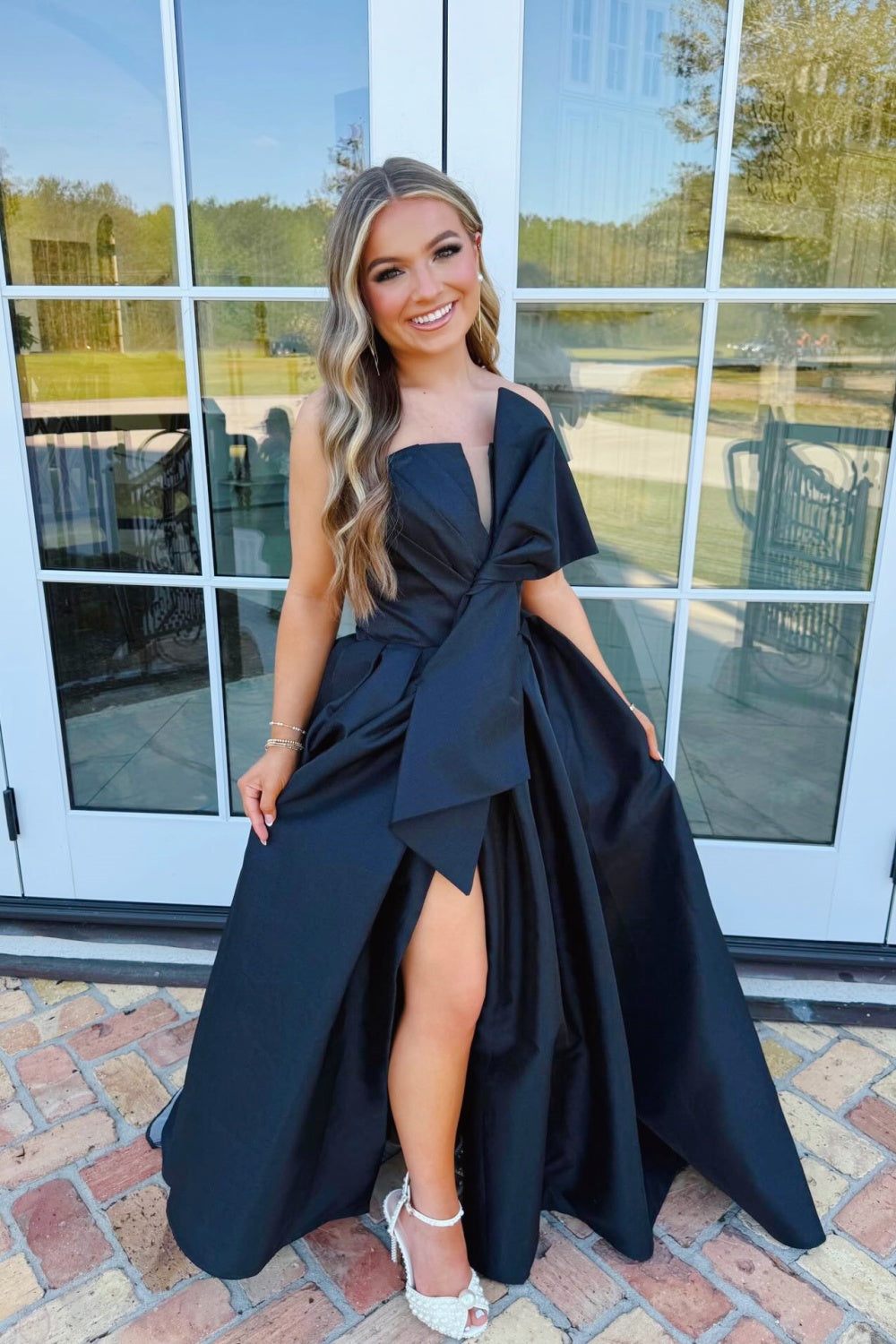 Black Strapless Satin A-line Long Formal Dress