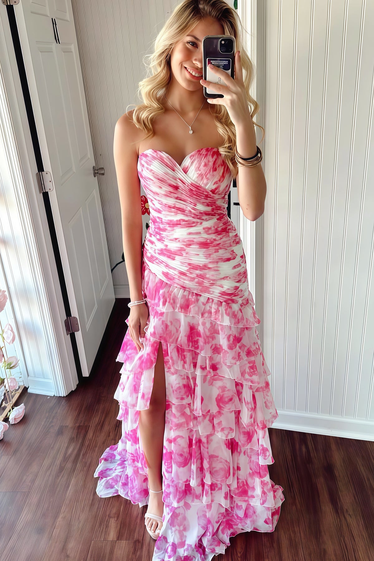 Sweetheart Floral Ruched Long Formal Dress