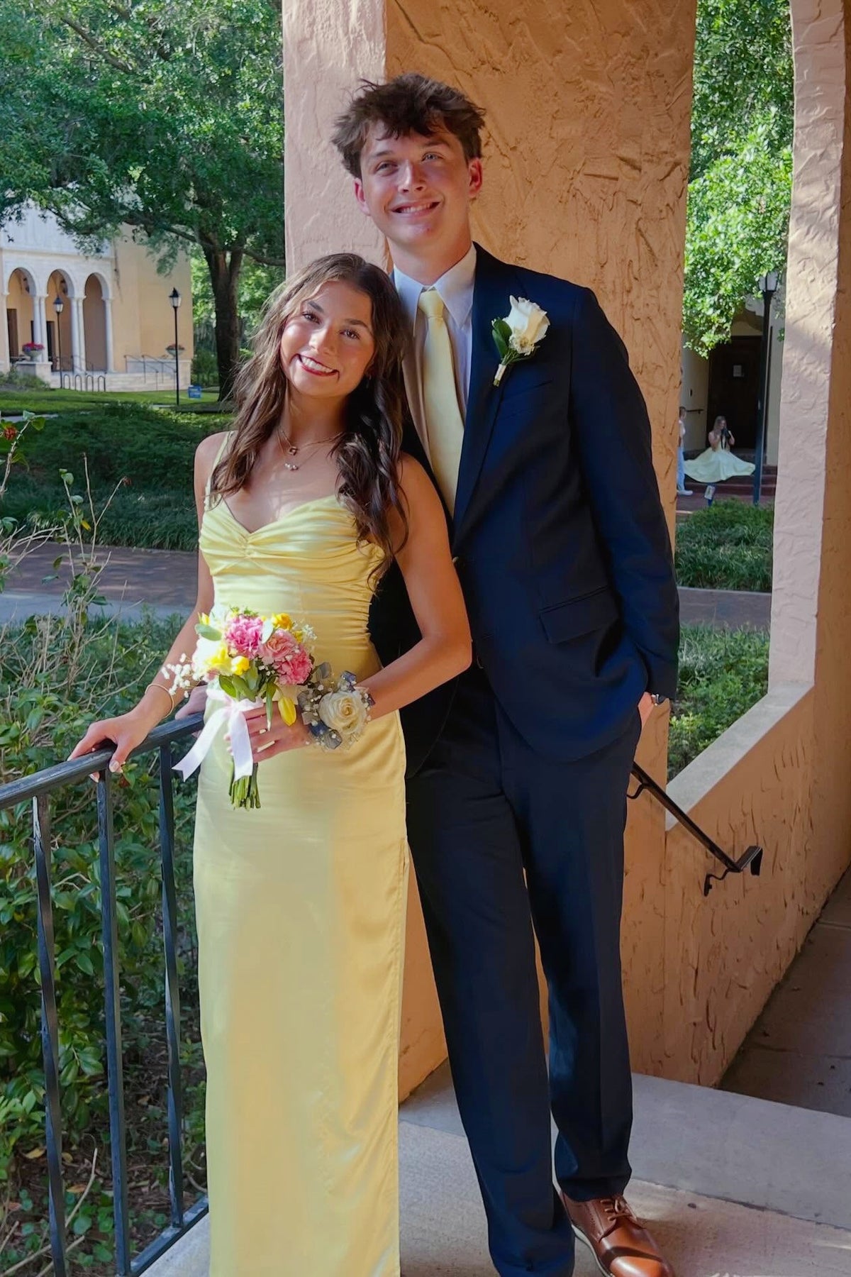 Straps Yellow Ruched Long Party Dress with Slit
