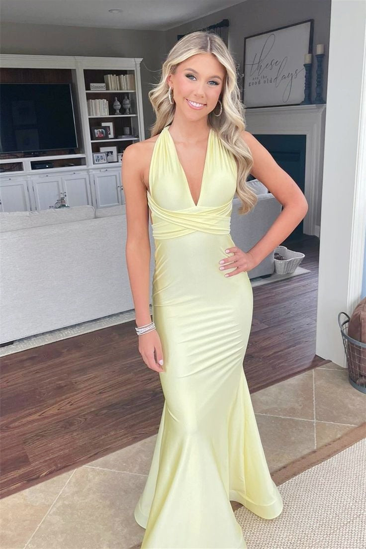 Plunge Yellow Mermaid Crss Cross Back Formal Dress