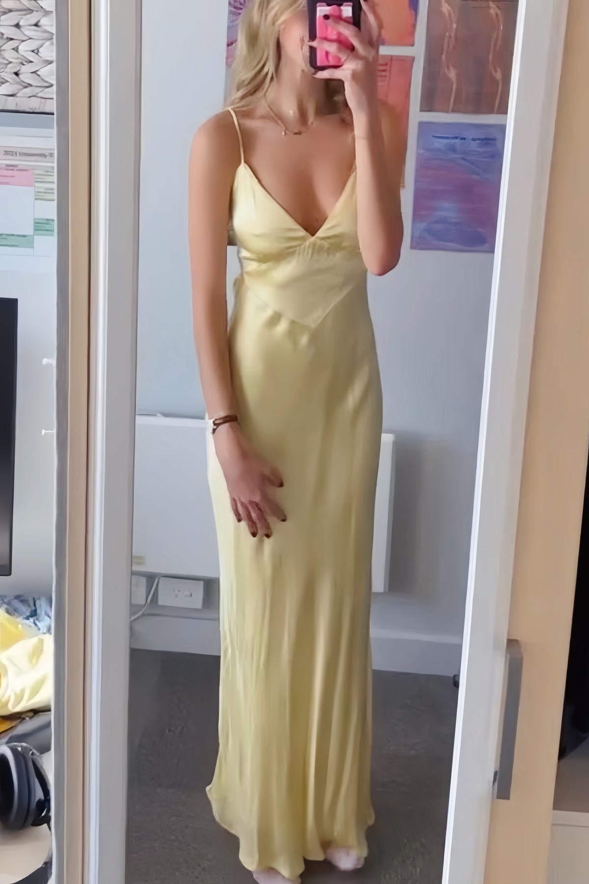 Straps Yellow Soft Satin Fitted Long Party Dress