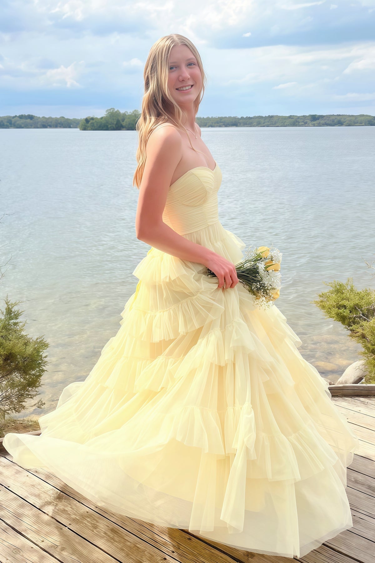 Sweetheart Yellow Ruffle A-lin Long Formal Dress