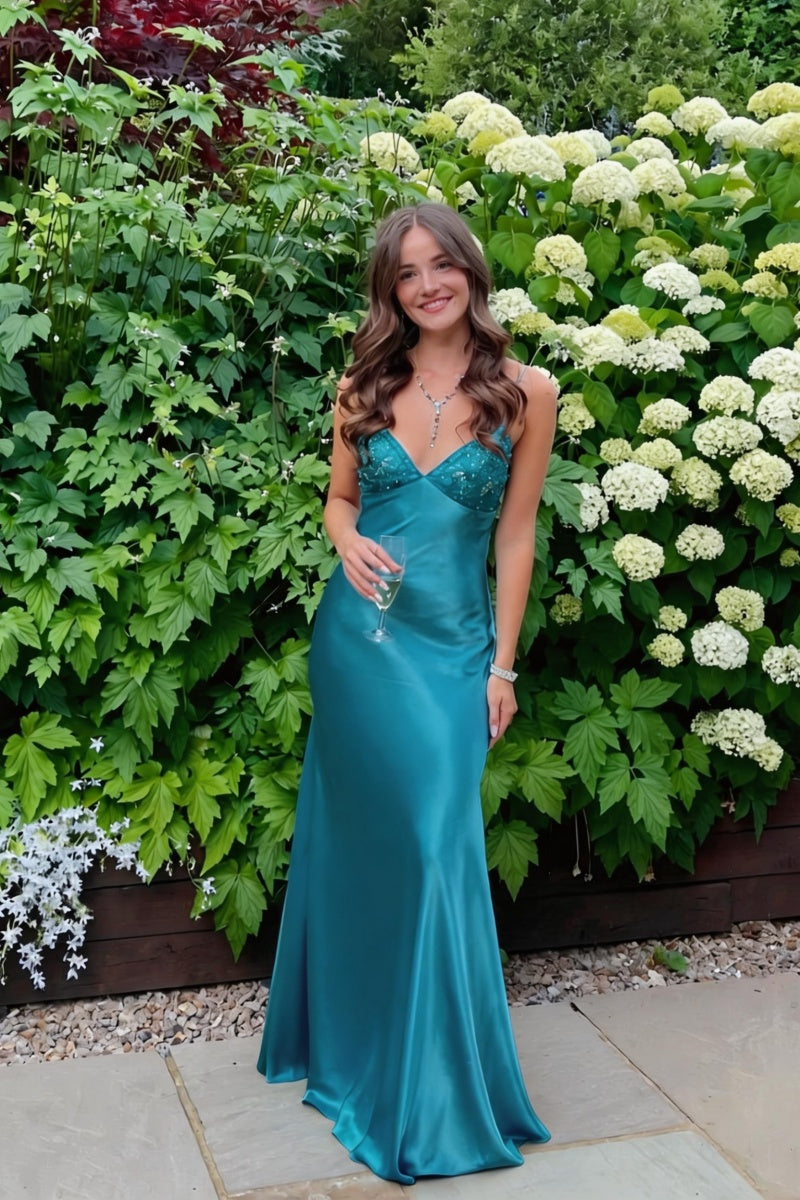 Beaded Blue Soft Satin Sheath Long Dress Dressesforparty Beaded Blue Soft Satin Sheath Long Dress Dressesforparty
