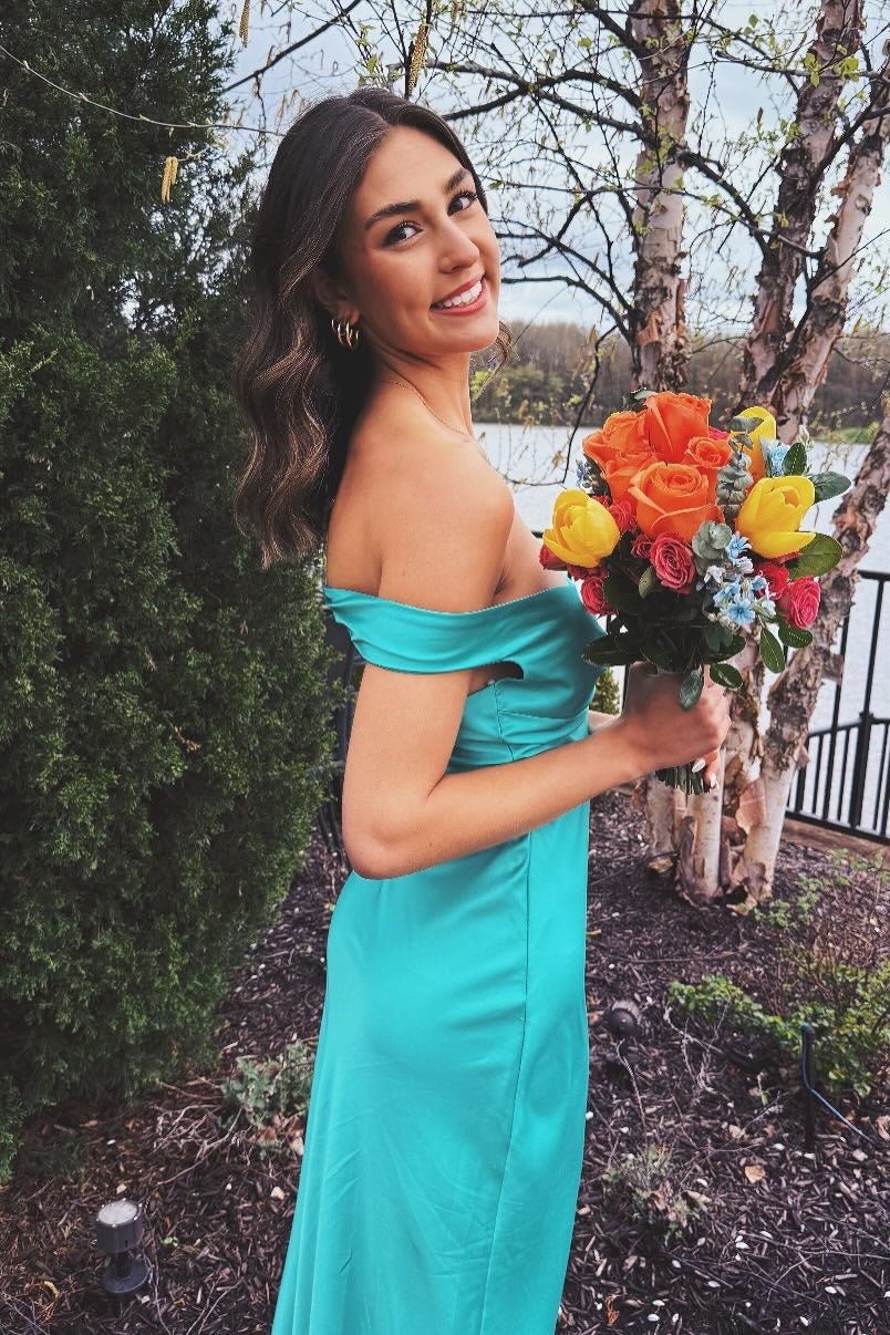 Aqua Off-the-Shoulder Silk Long Party Dress Dressesforparty Aqua Off-the-Shoulder Silk Long Party Dress Dressesforparty
